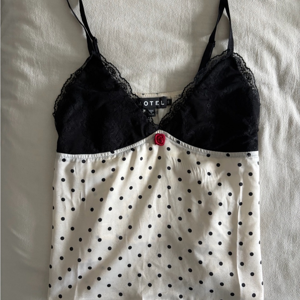 Motel Rocks Black Lace Polka Dot Slip Top with Red Rose